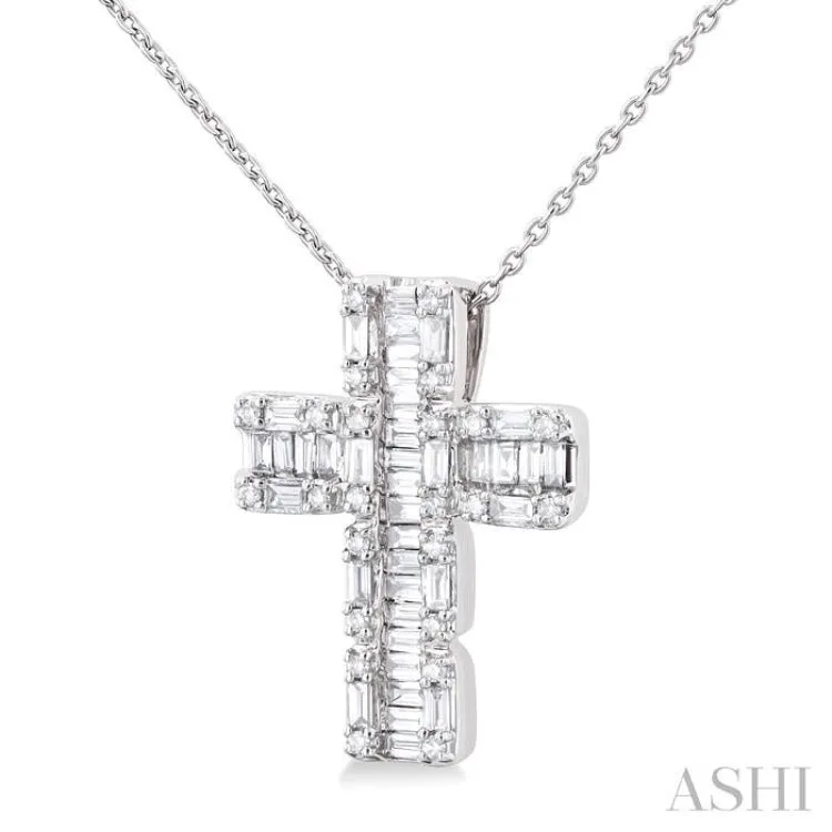 1/2 ctw Fusion Baguette and Round Cut Diamond Cross Fashion Pendant With Chain in 14K White Gold