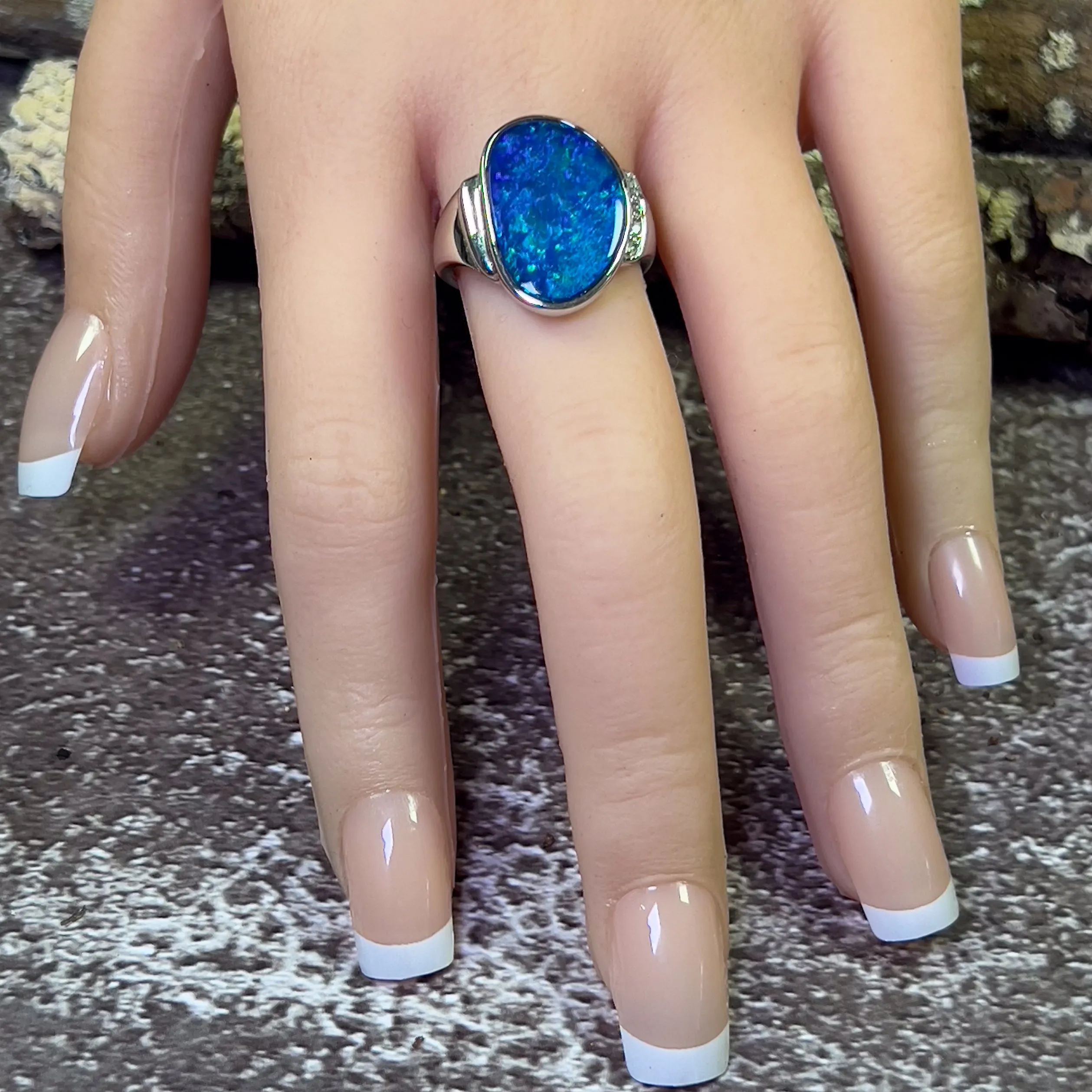 14kt White Gold Blue Green Opal doublet diamond ring