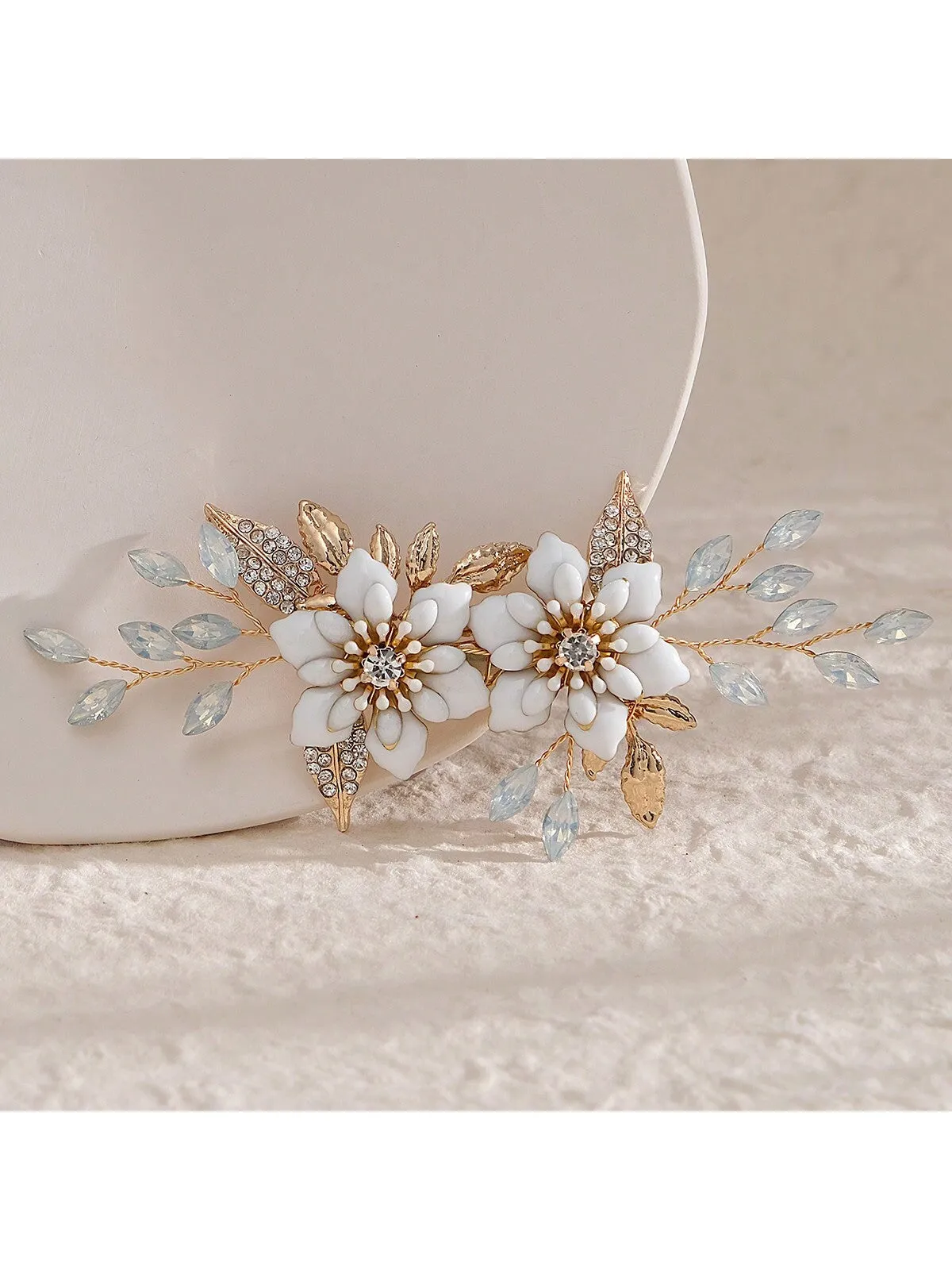 1pc Elegant Women's Hair Clip With Oil Drop Flower, Rhinestone, Alloy Leaf Decoration For Wedding And Party, Beautiful Hair Accessory