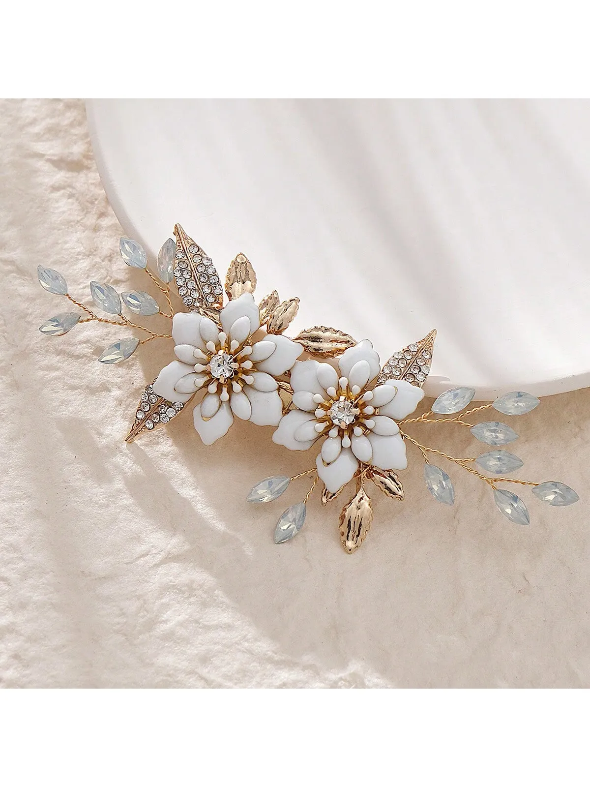 1pc Elegant Women's Hair Clip With Oil Drop Flower, Rhinestone, Alloy Leaf Decoration For Wedding And Party, Beautiful Hair Accessory