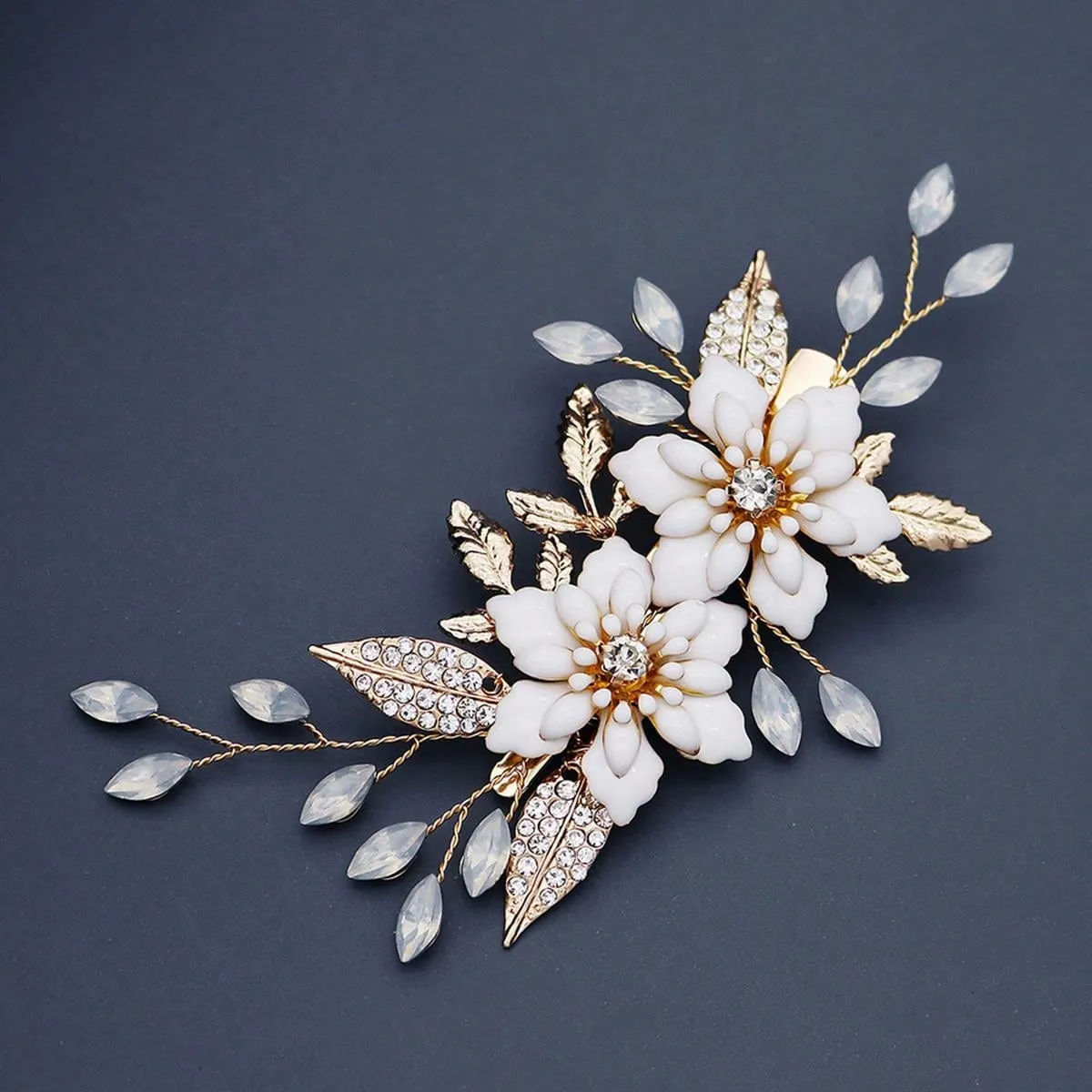 1pc Elegant Women's Hair Clip With Oil Drop Flower, Rhinestone, Alloy Leaf Decoration For Wedding And Party, Beautiful Hair Accessory