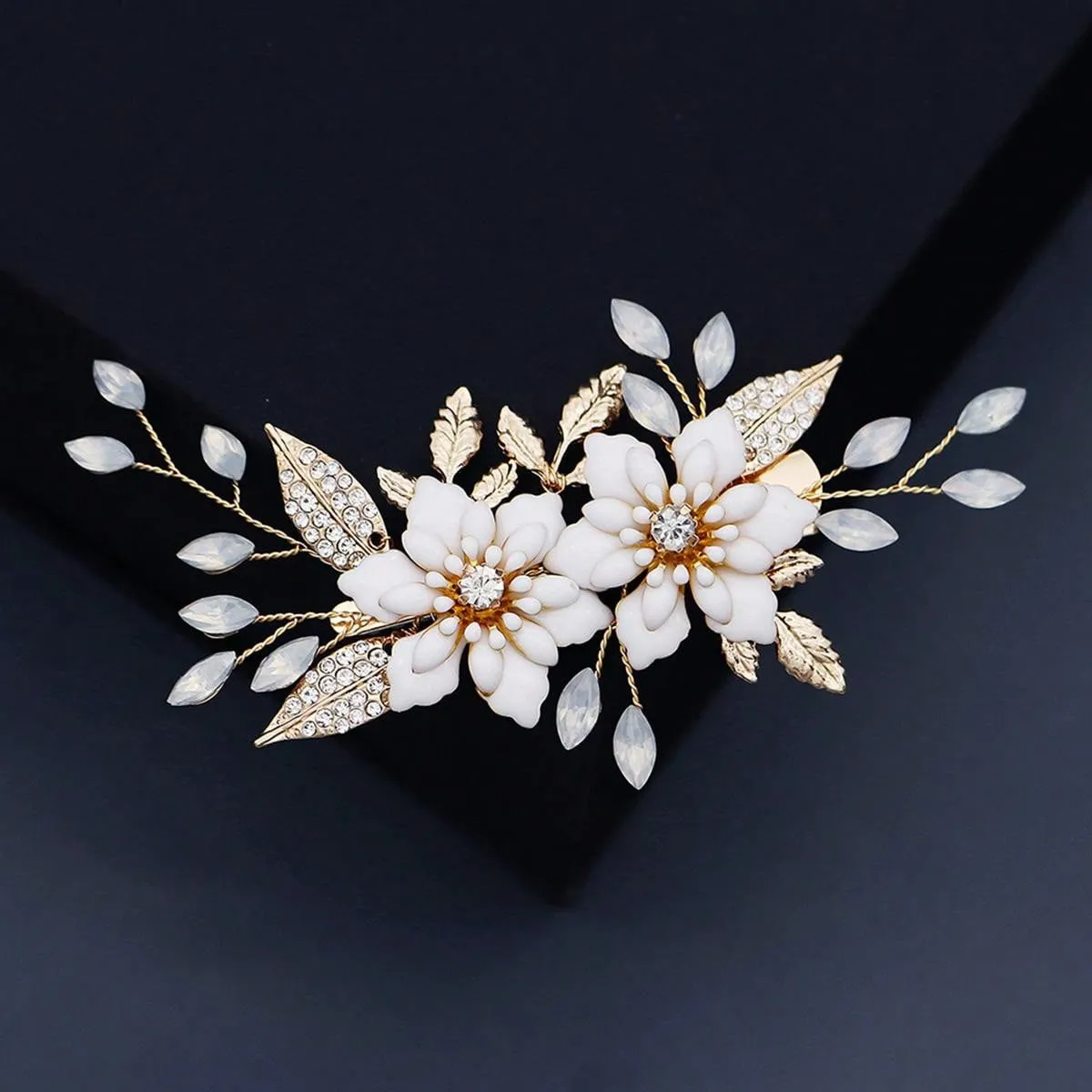 1pc Elegant Women's Hair Clip With Oil Drop Flower, Rhinestone, Alloy Leaf Decoration For Wedding And Party, Beautiful Hair Accessory