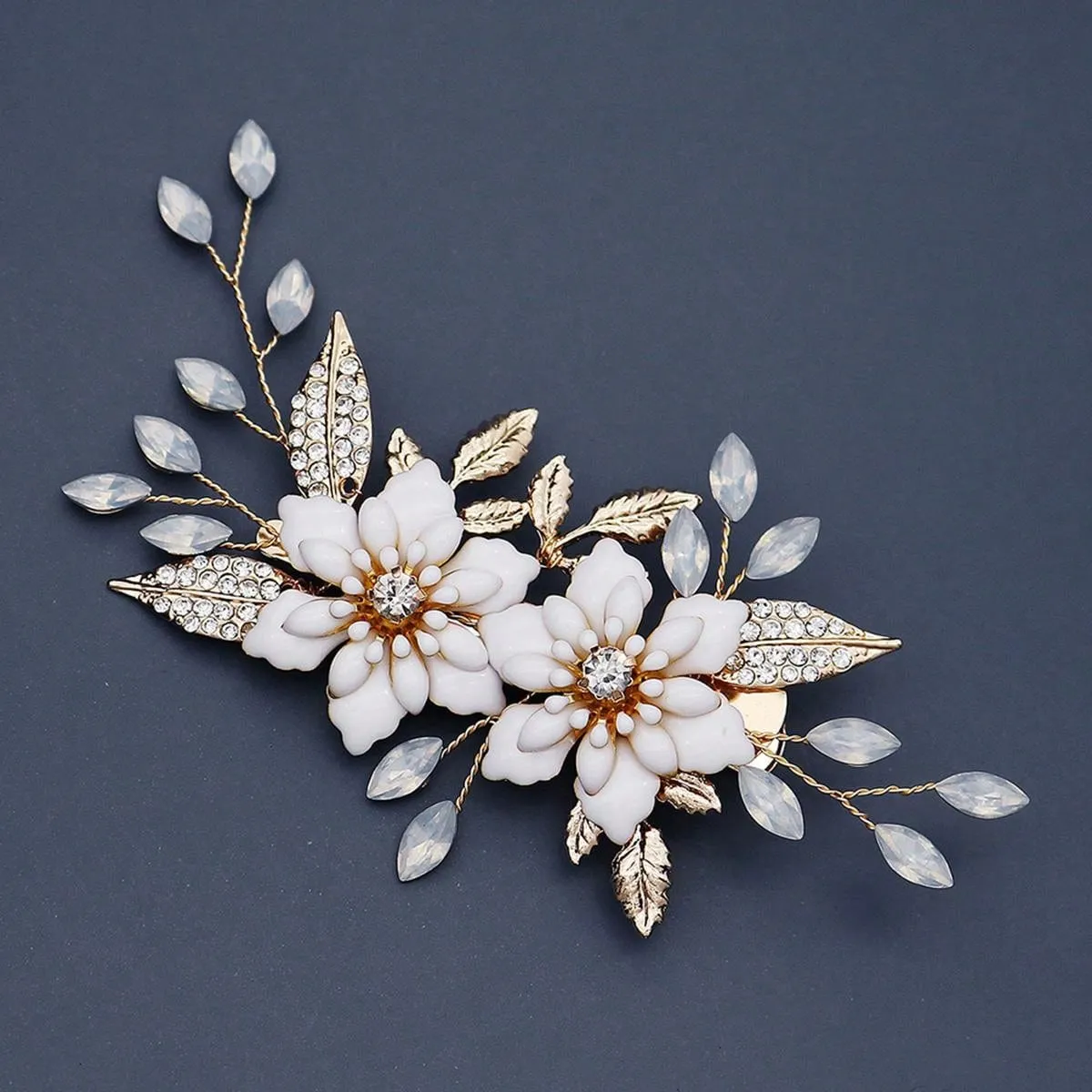 1pc Elegant Women's Hair Clip With Oil Drop Flower, Rhinestone, Alloy Leaf Decoration For Wedding And Party, Beautiful Hair Accessory