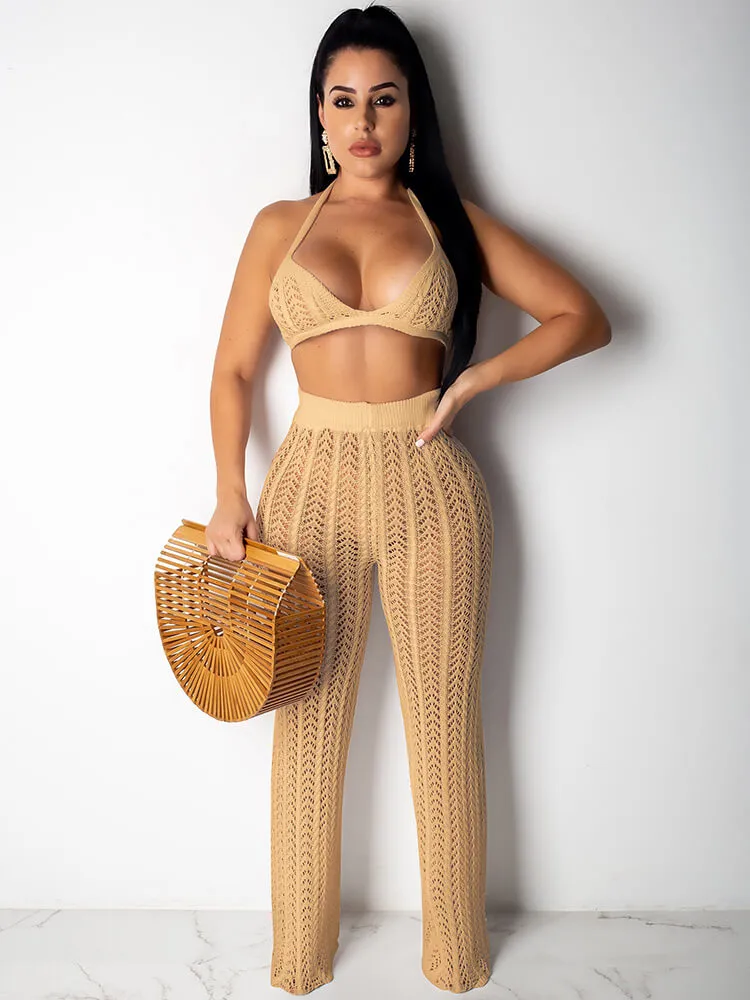 2 Piece Crotchet Halter Bra Crop Top Wide Leg Pants Sets