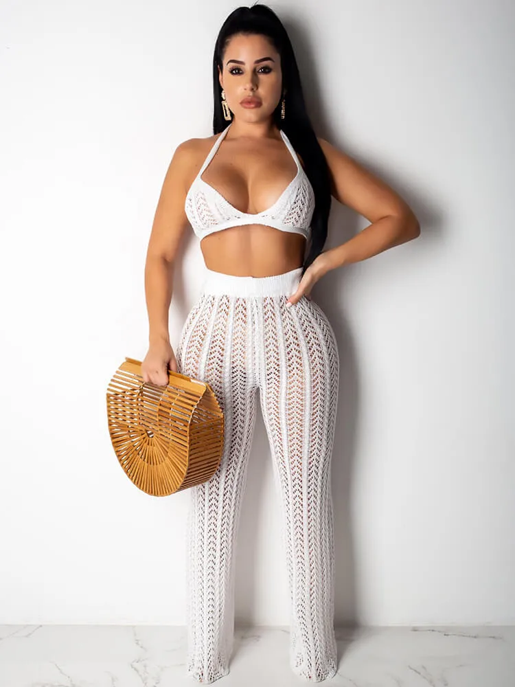 2 Piece Crotchet Halter Bra Crop Top Wide Leg Pants Sets