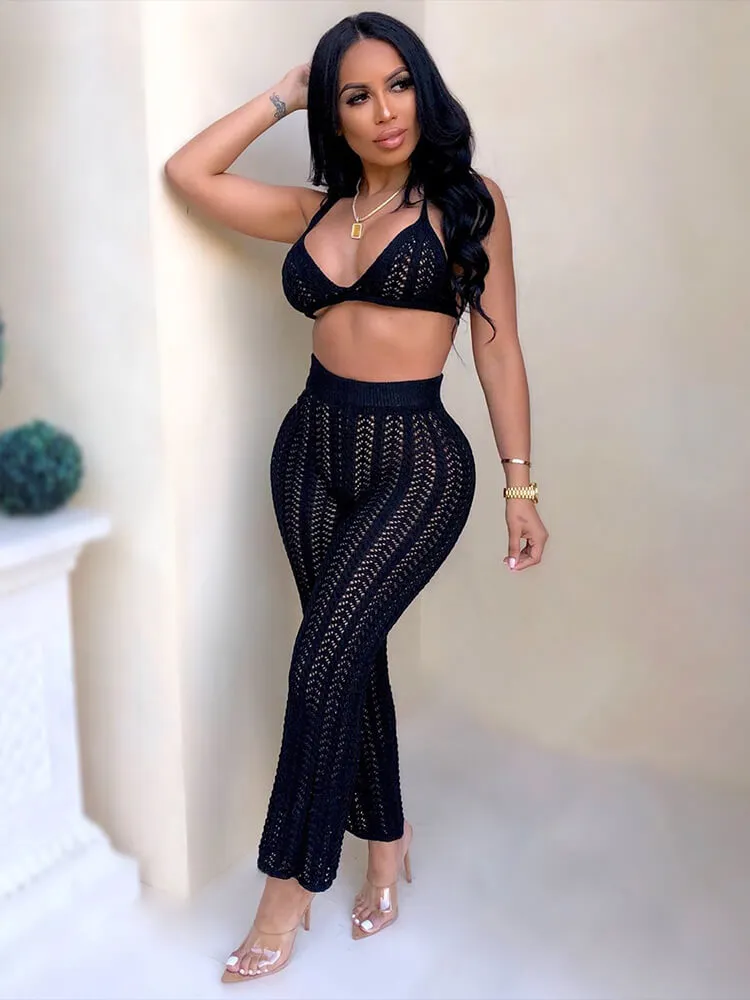 2 Piece Crotchet Halter Bra Crop Top Wide Leg Pants Sets