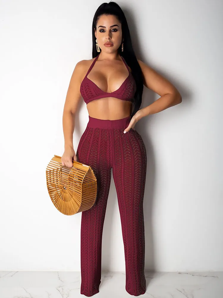 2 Piece Crotchet Halter Bra Crop Top Wide Leg Pants Sets