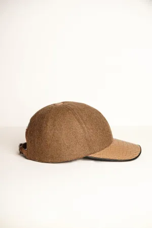 Beige Textile & Crocodile Leather Cap