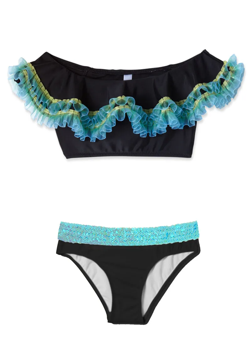 Black Bikini Anemone Fringe & Aqua Sequin Belt