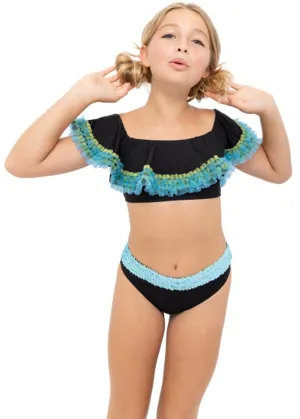 Black Bikini Anemone Fringe & Aqua Sequin Belt