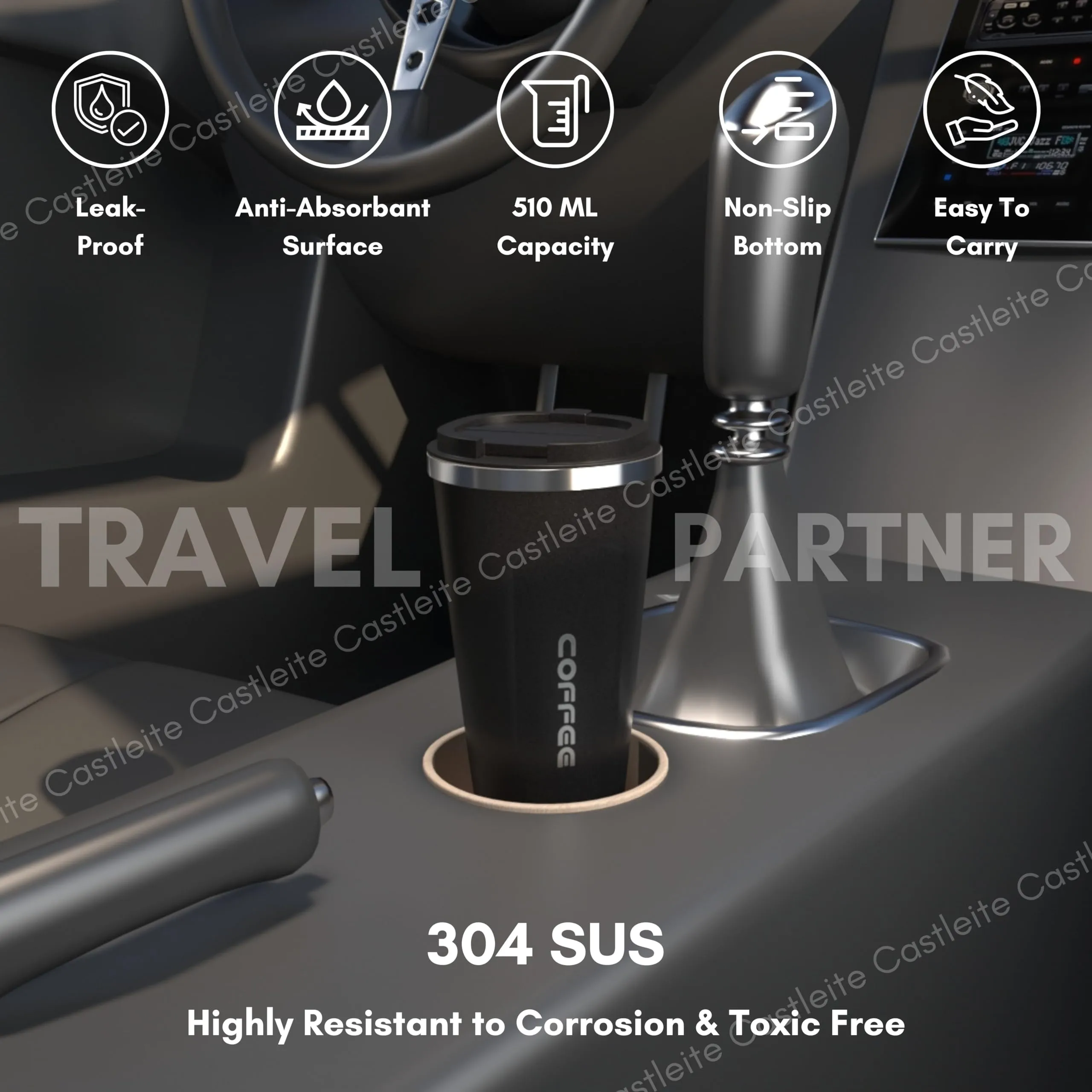 Castleite BrewGlide Travel Coffee Mug 6 & 8 Hours Hot & Cold 510ML Vacuum Insulated Stainless Steel Double Walled Sipper with Spill-Proof Flip Lid Design - Your Fancy Portable Companion (Onyx Black)