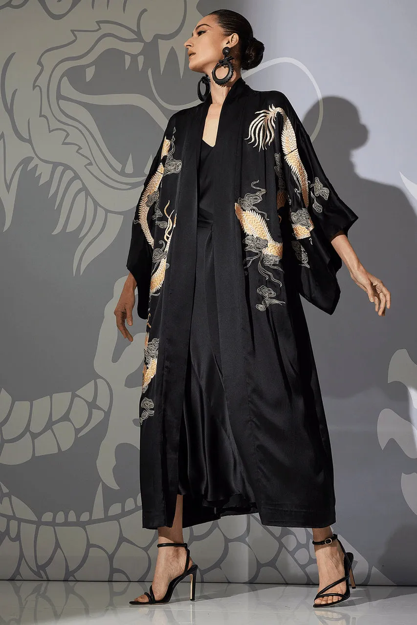 Couture Lucky Dragon Embroidered Silk Robe