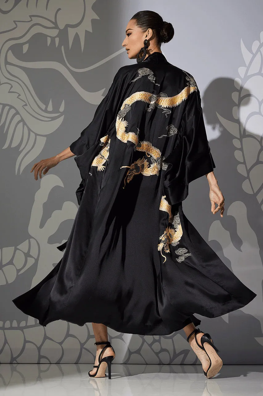 Couture Lucky Dragon Embroidered Silk Robe