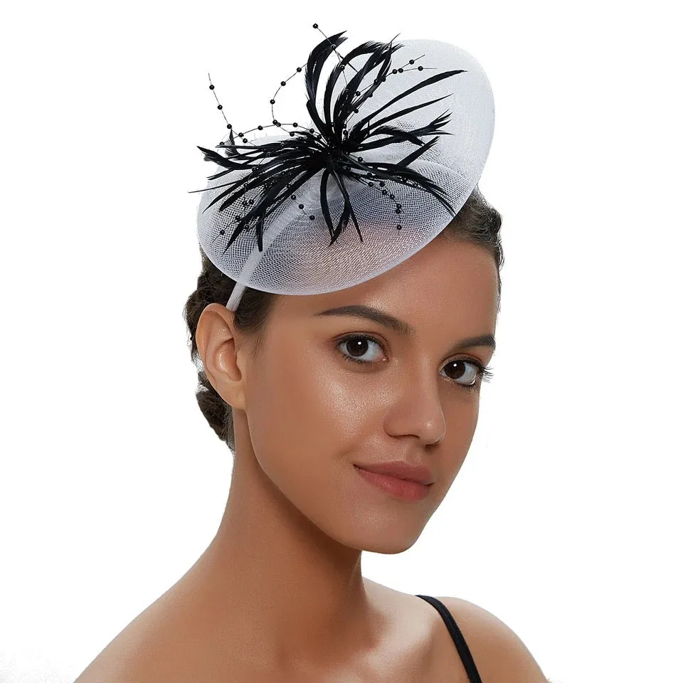 Crinoline and Feather Headband Fascinator - White/Black