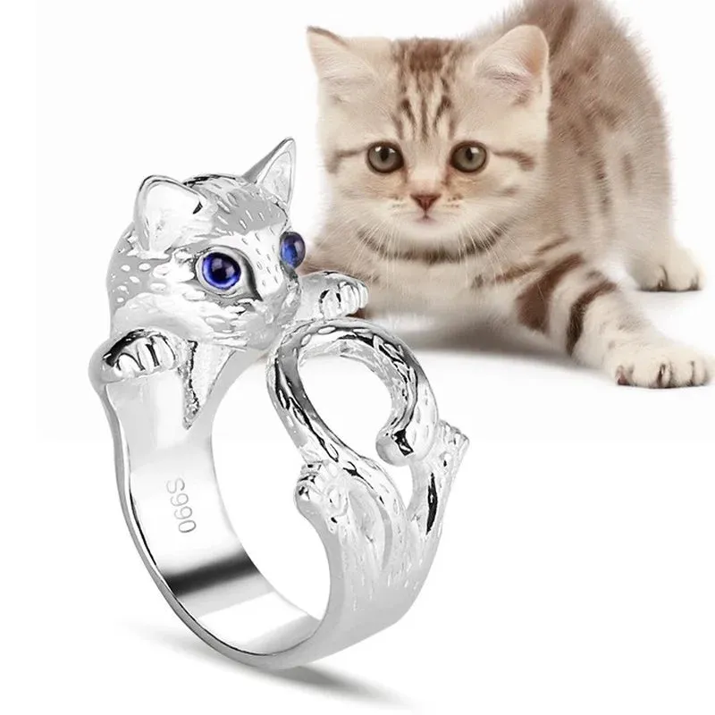 Cute Adorable Silver Plated Cat Ring