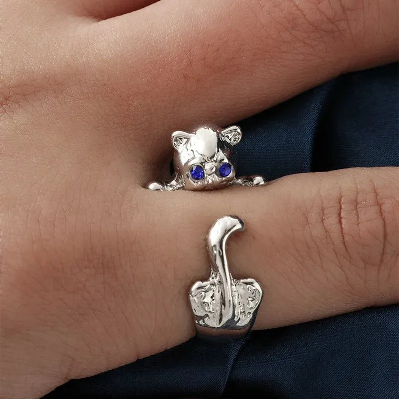 Cute Adorable Silver Plated Cat Ring