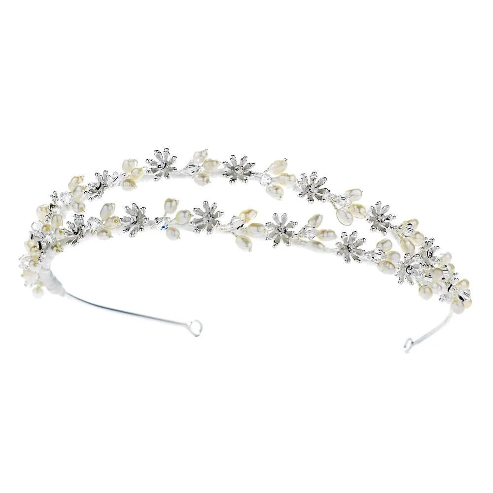 Elegant Fresh water Pearl & Crystal Wired Double Row Headband