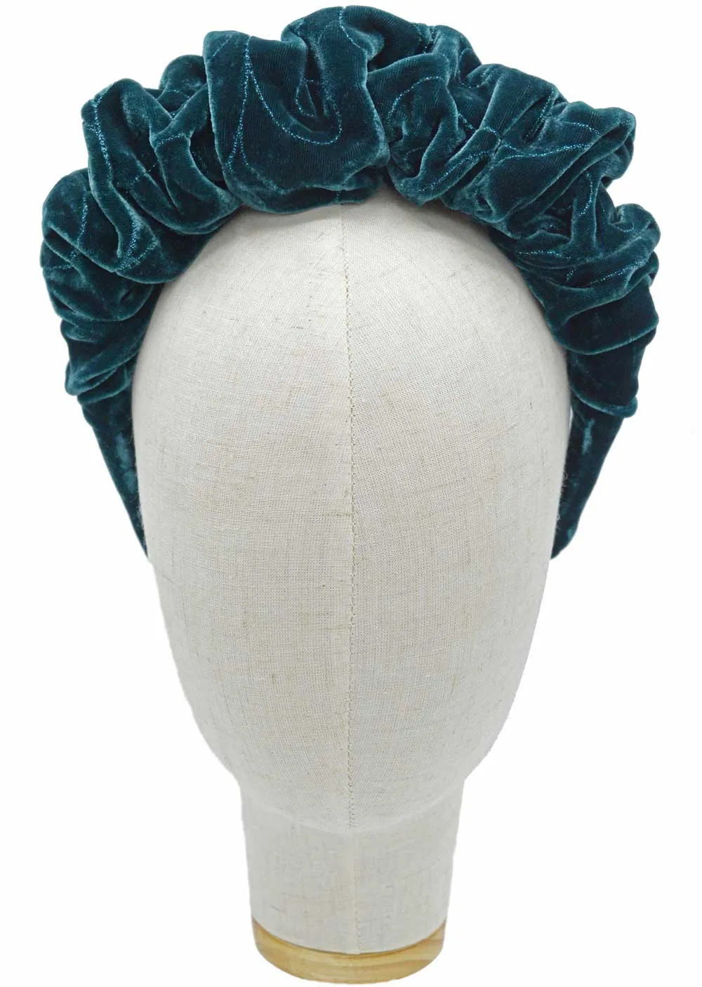 Embroidered silk velvet - gathered crown in peacock teal with metallic thread