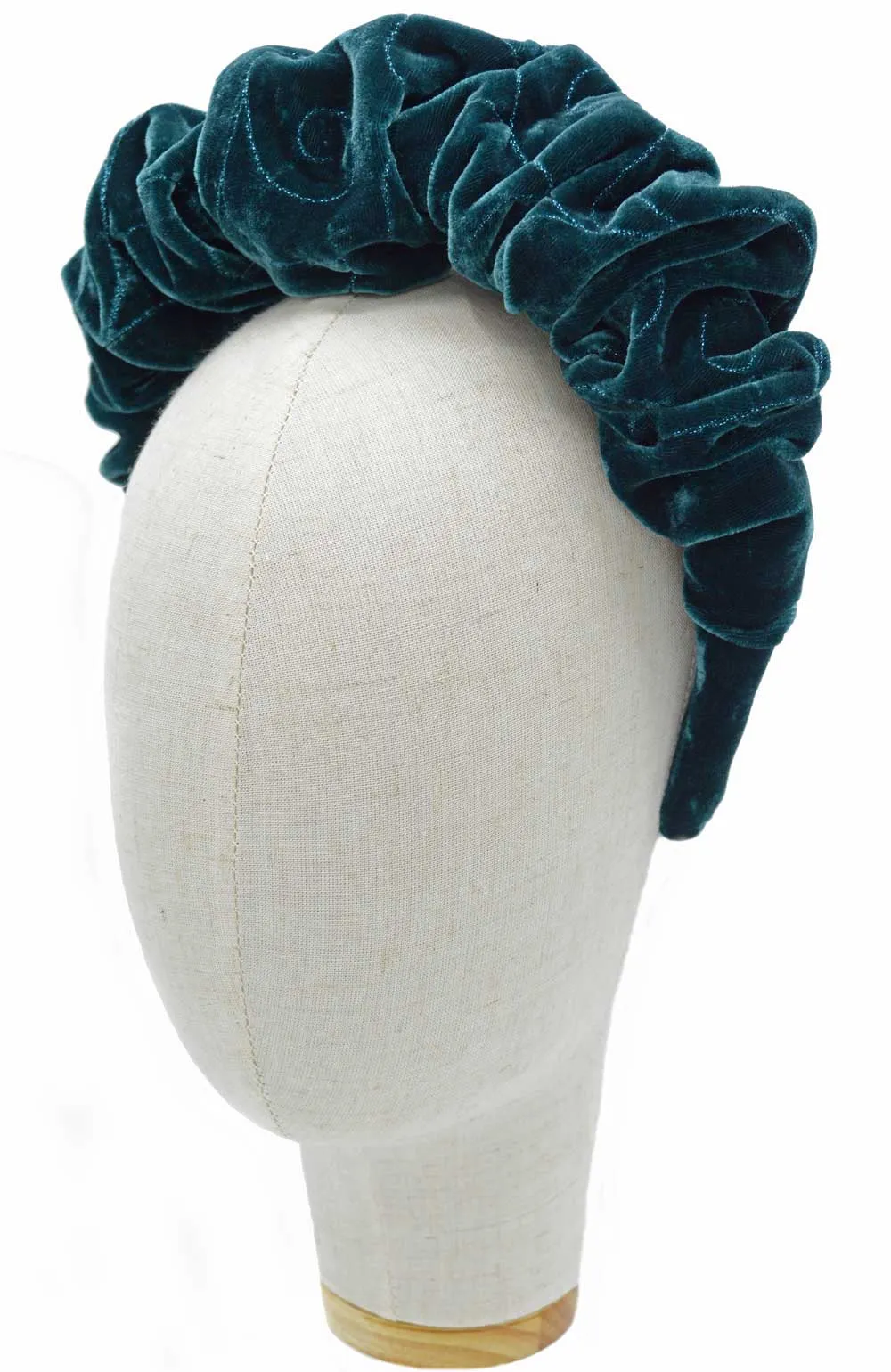 Embroidered silk velvet - gathered crown in peacock teal with metallic thread