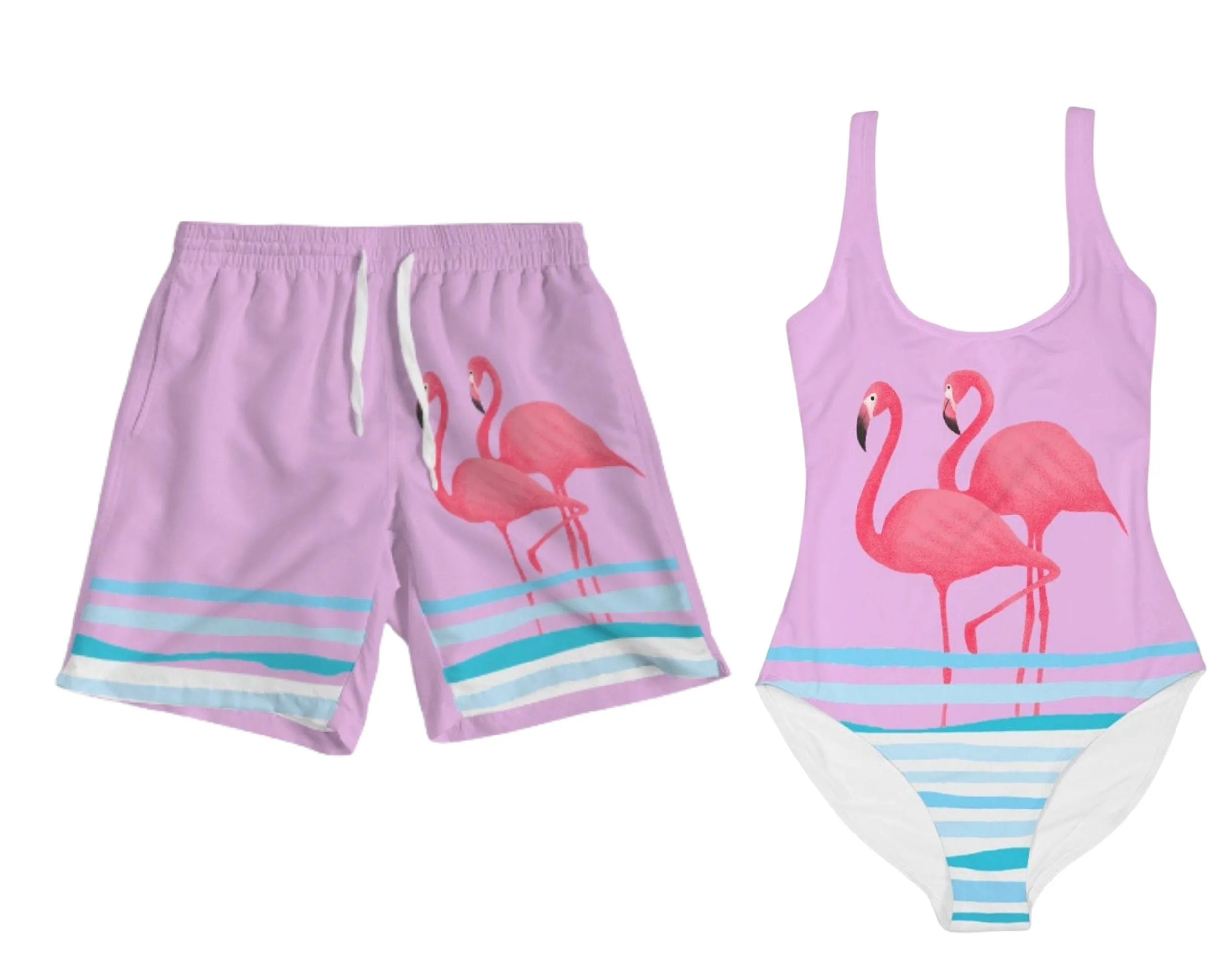 FLAMINGOS BLUE WAVES MATCHING COUPLES LILAC SWIMSUIT SET