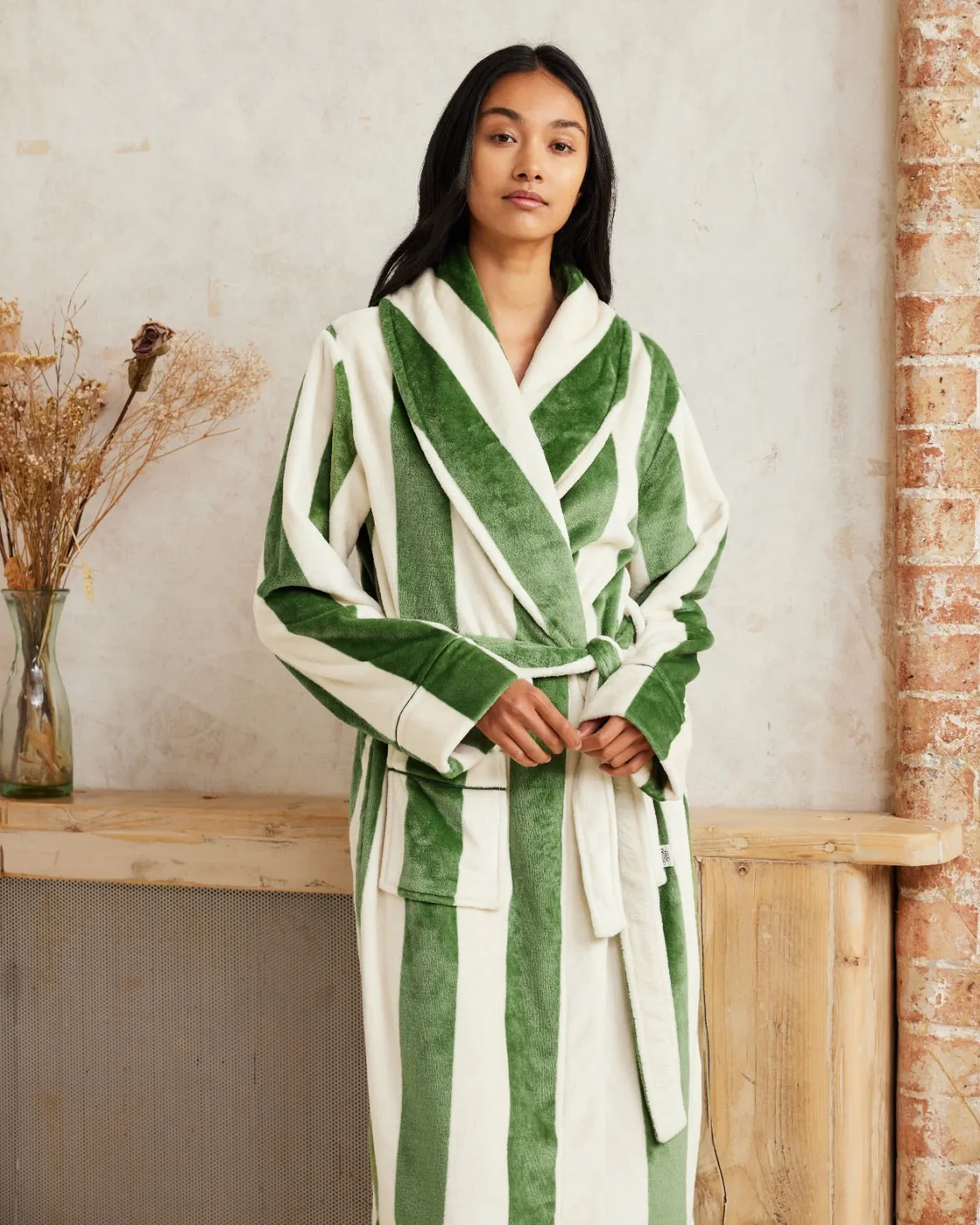 Fleece Stripe Dressing Gown - Green