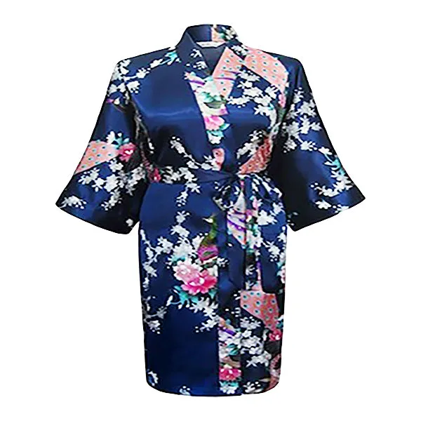 Floral Bride and Bridesmaid Robes, Blue-White, 2T-38 Womens Plus, Satin, MidLength