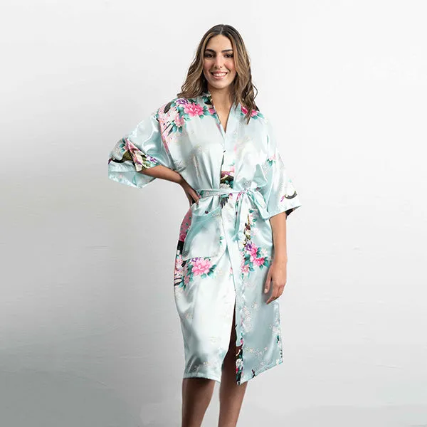 Floral Bride and Bridesmaid Robes, Blue-White, 2T-38 Womens Plus, Satin, MidLength