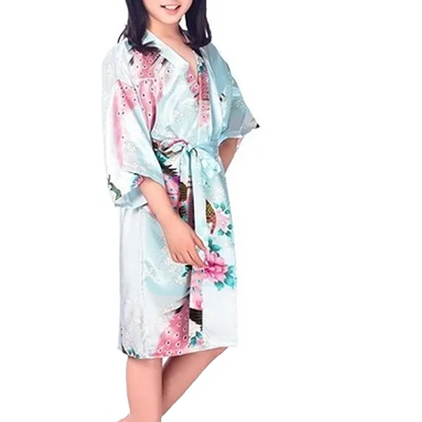 Floral Bride and Bridesmaid Robes, Blue-White, 2T-38 Womens Plus, Satin, MidLength