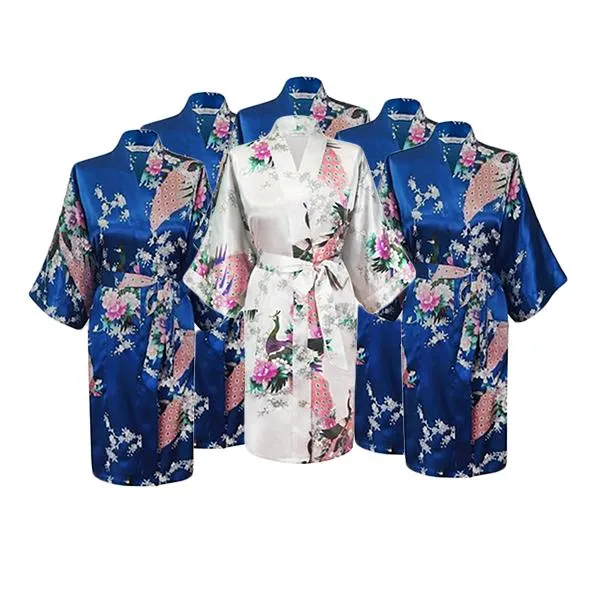 Floral Bride and Bridesmaid Robes, Blue-White, 2T-38 Womens Plus, Satin, MidLength