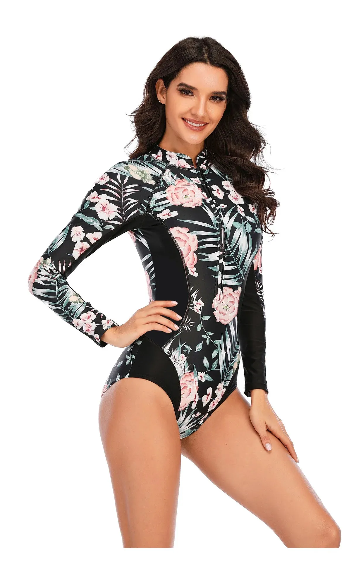 Floral Print Fitness Bathing Suits One Pieces Women Swimsuits Zipper Long Sleeve Diving Surfing Suits Wetsuits Swimwear