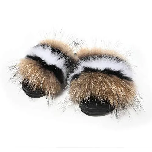 Fur Story Women's Fox Fur Slides Furry Slide Sandals Summer Fur Slippers (Brown, Numeric_7_Point_5)