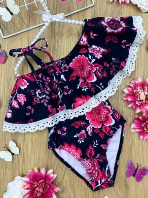 Girls Beach Flowers One Piece Swimsuit