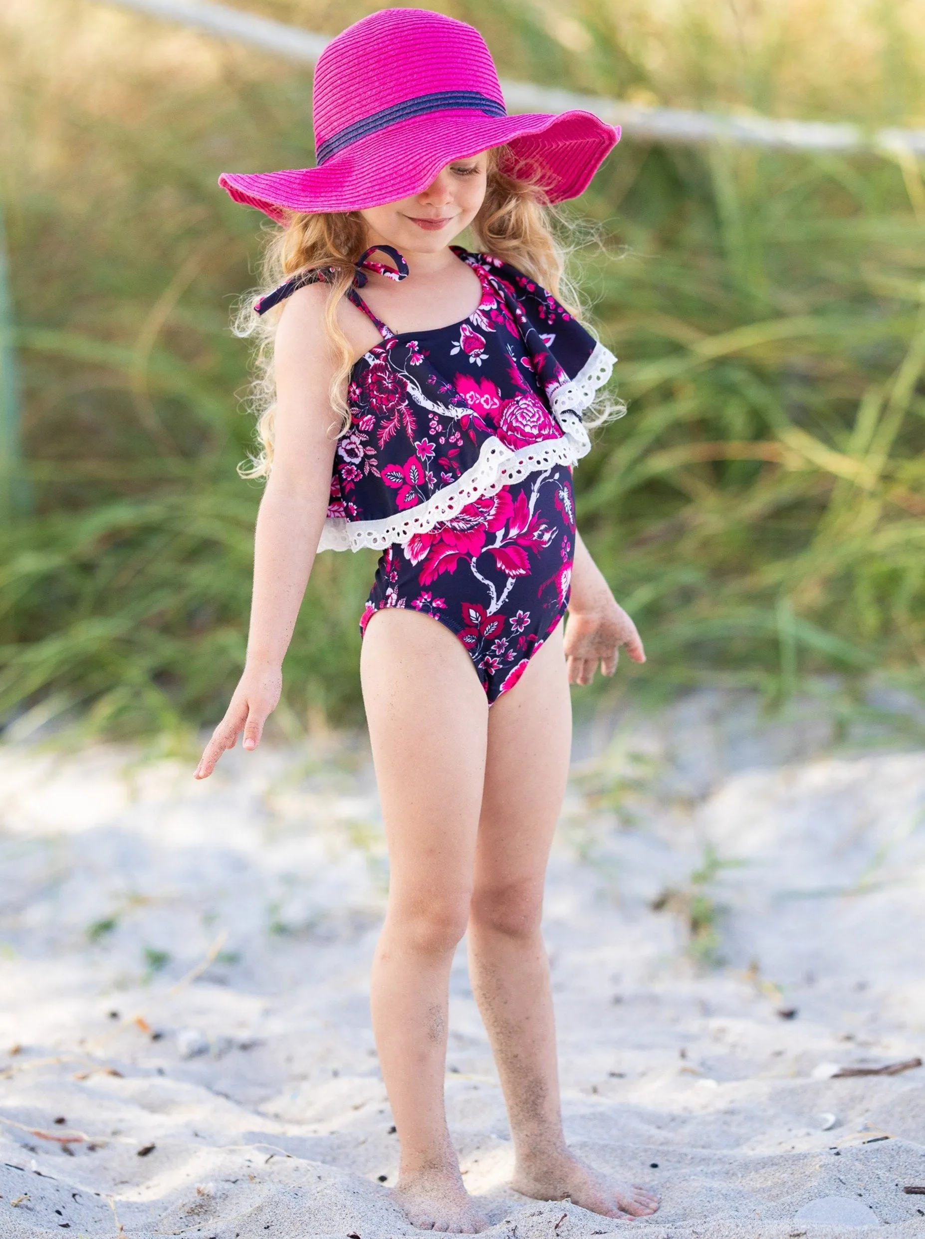 Girls Beach Flowers One Piece Swimsuit