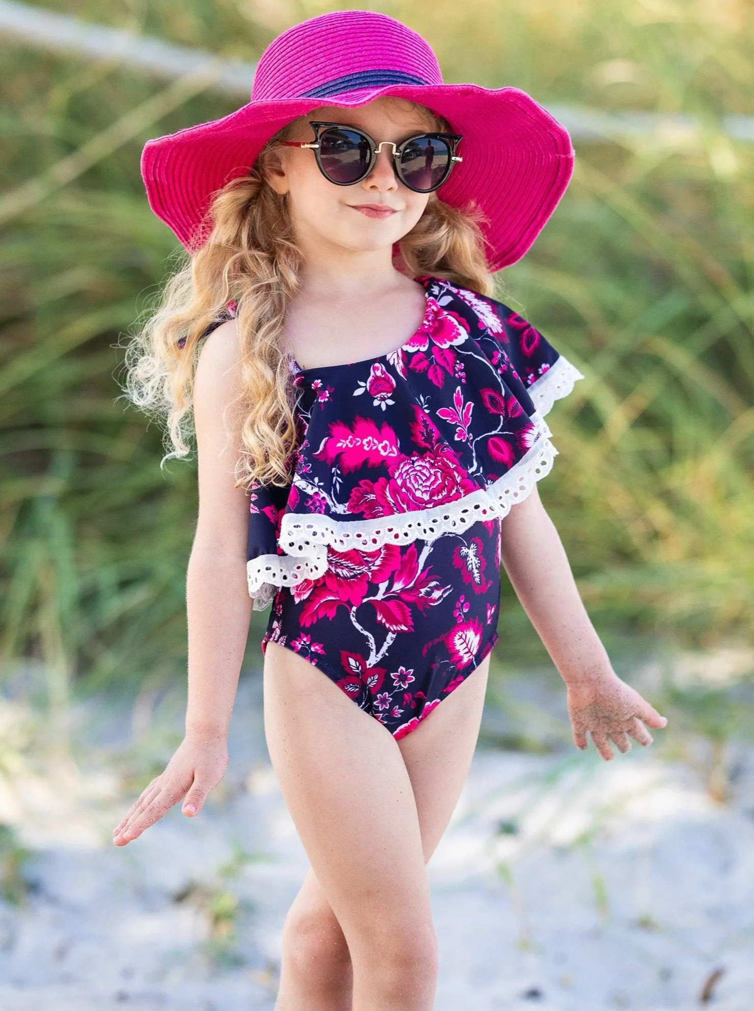 Girls Beach Flowers One Piece Swimsuit