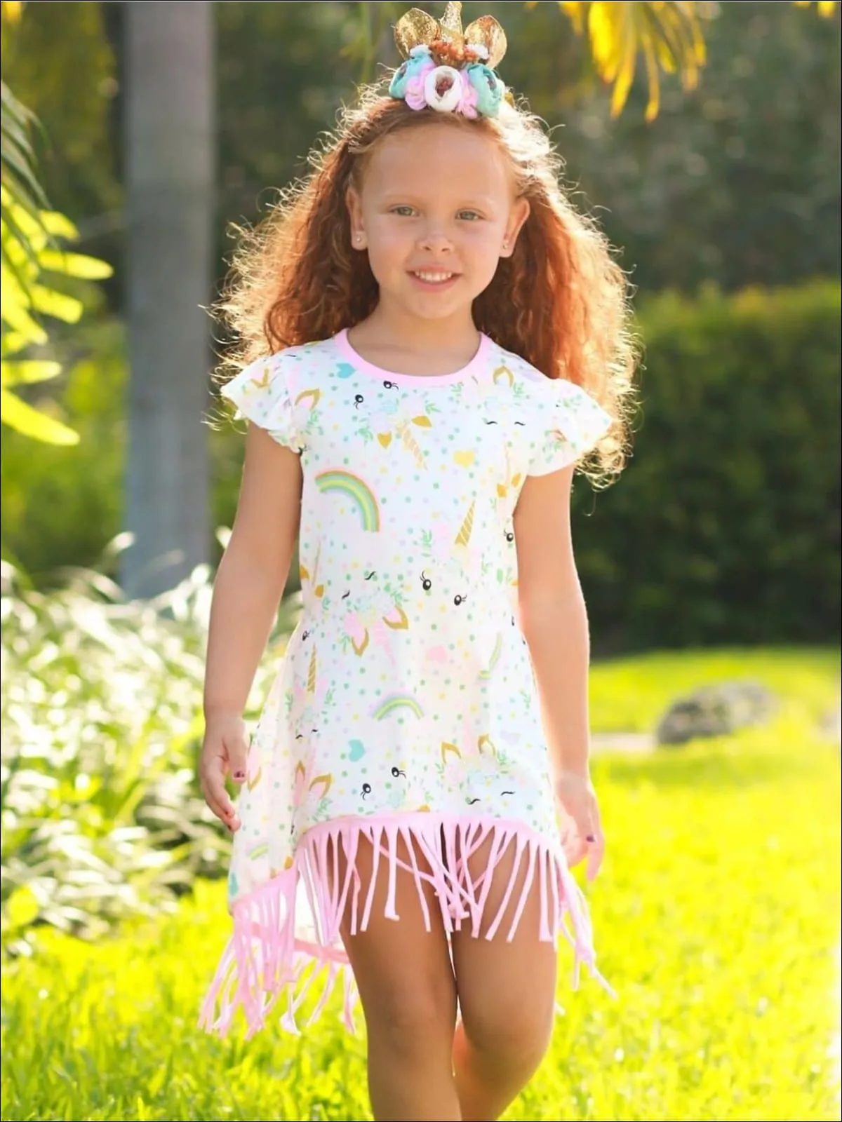 Girls Unicorn Print Flutter Sleeve Front Tie Fringe Hem Dress with Polka Dots, Hearts And Rainbows