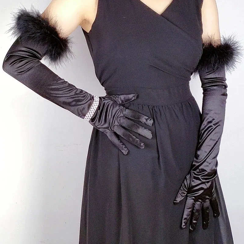 Great Gatsby 1920's Bridal Flapper Feather Black Long Satin Gloves with FEATHERS