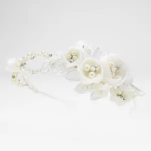 Ivory Floral Side Accented Bridal Headband in Silver