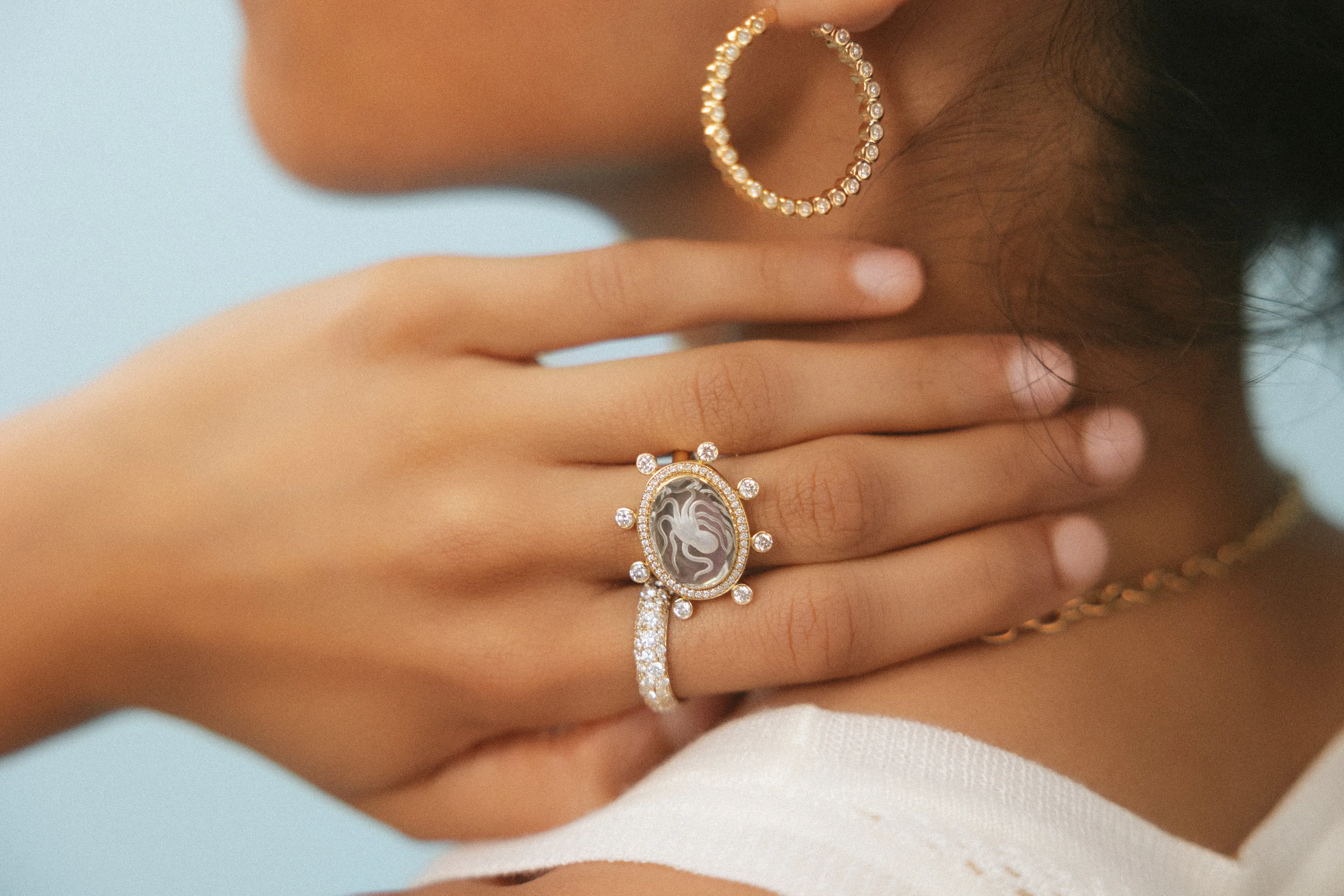 Large Octopus Caspian Ring - Grey Mother-of-Pearl and Diamond