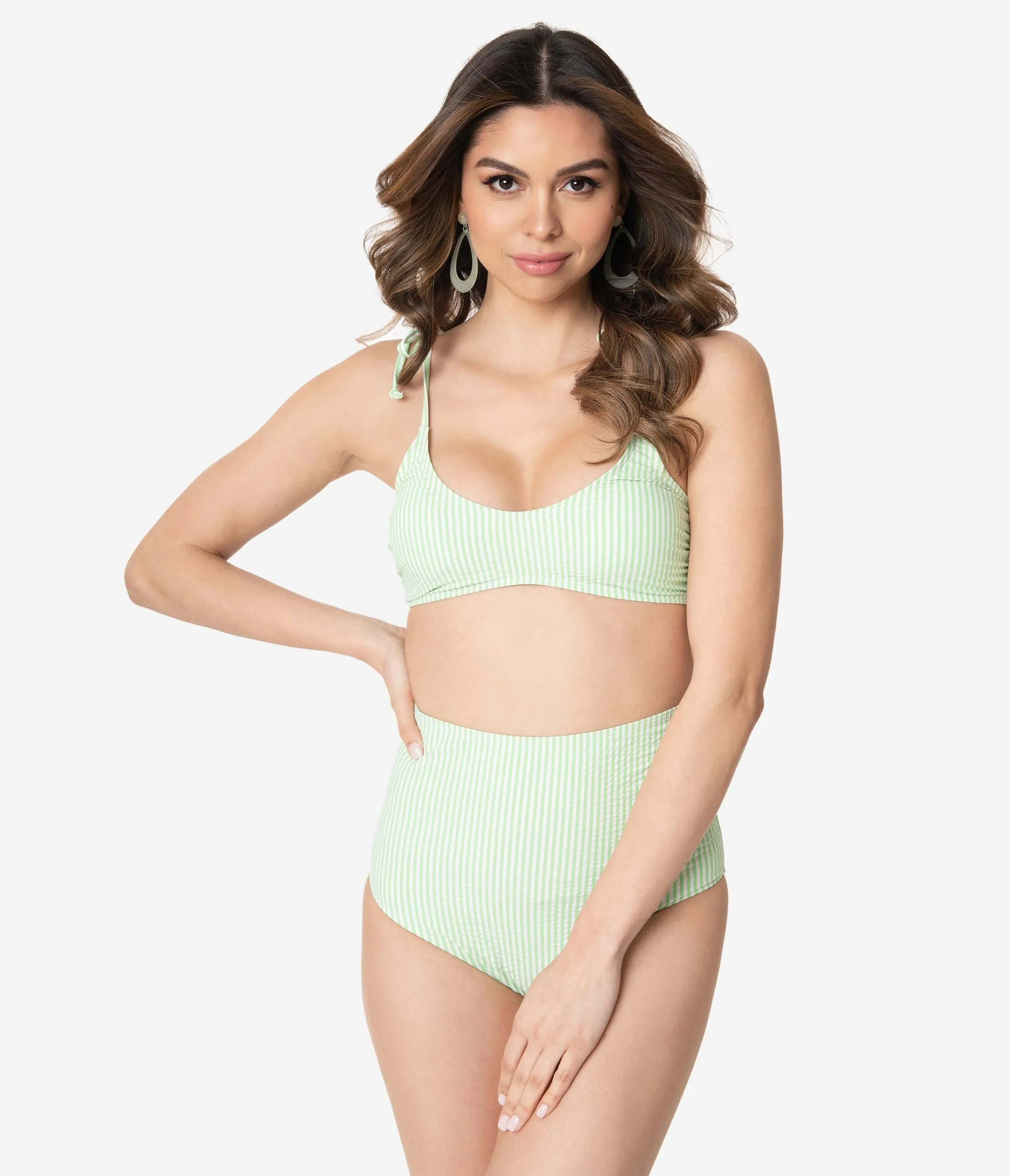 Light Green & White Striped Seersucker Two Piece Swim Set