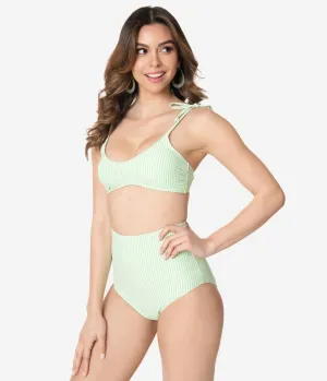 Light Green & White Striped Seersucker Two Piece Swim Set