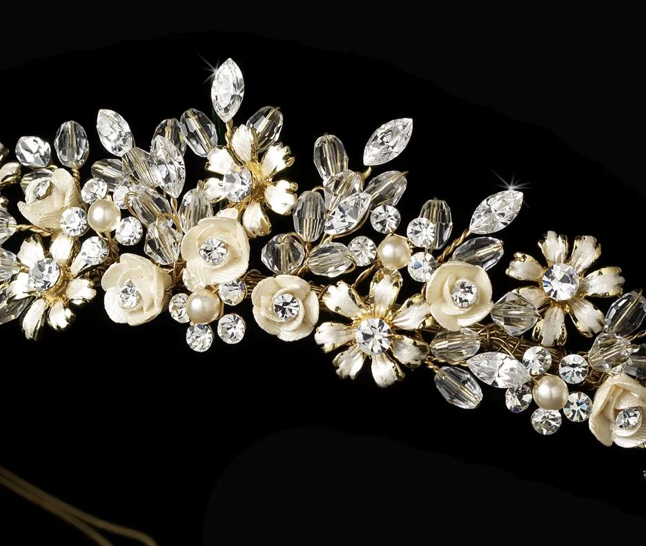 Light Pale-Gold Pink or Silver Ivory Floral Bridal Tiara