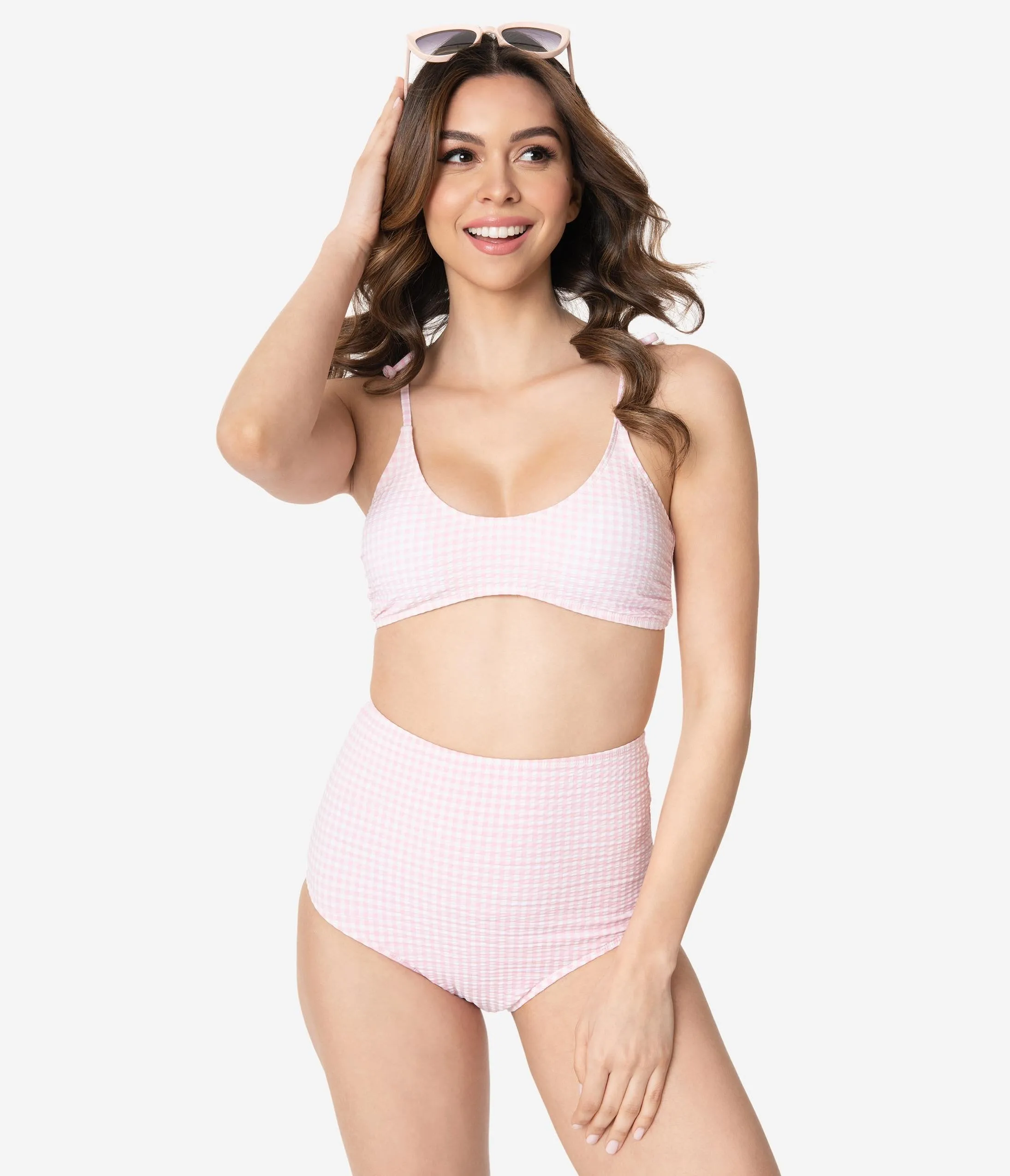 Light Pink & White Gingham Seersucker Two Piece Swim Set