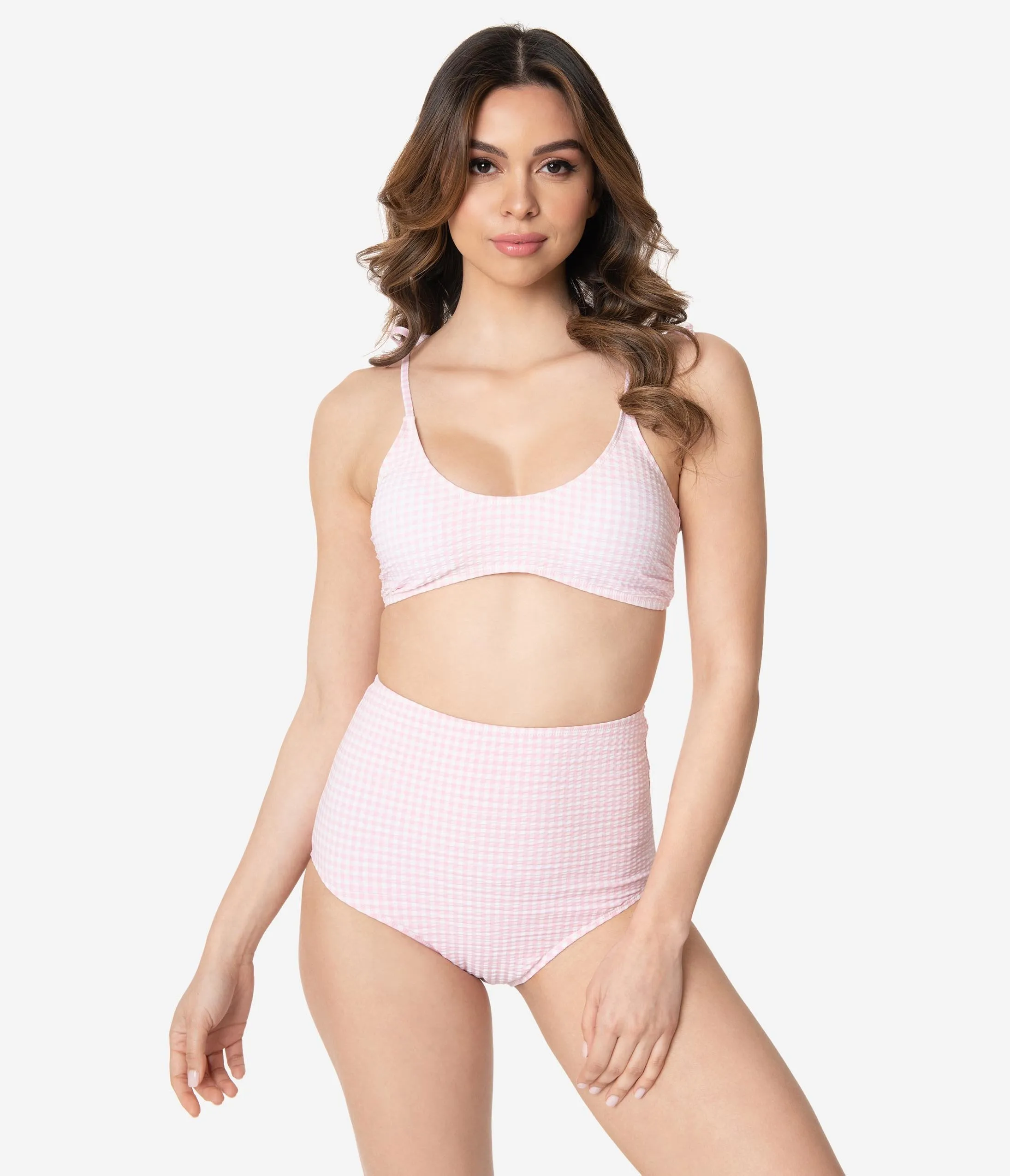 Light Pink & White Gingham Seersucker Two Piece Swim Set