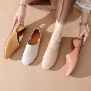 Loafers Slides for Women Leather Handmade Round Toe Flat Slippers Casual Slip ons Pink/Light gray/Yellow/Apricot