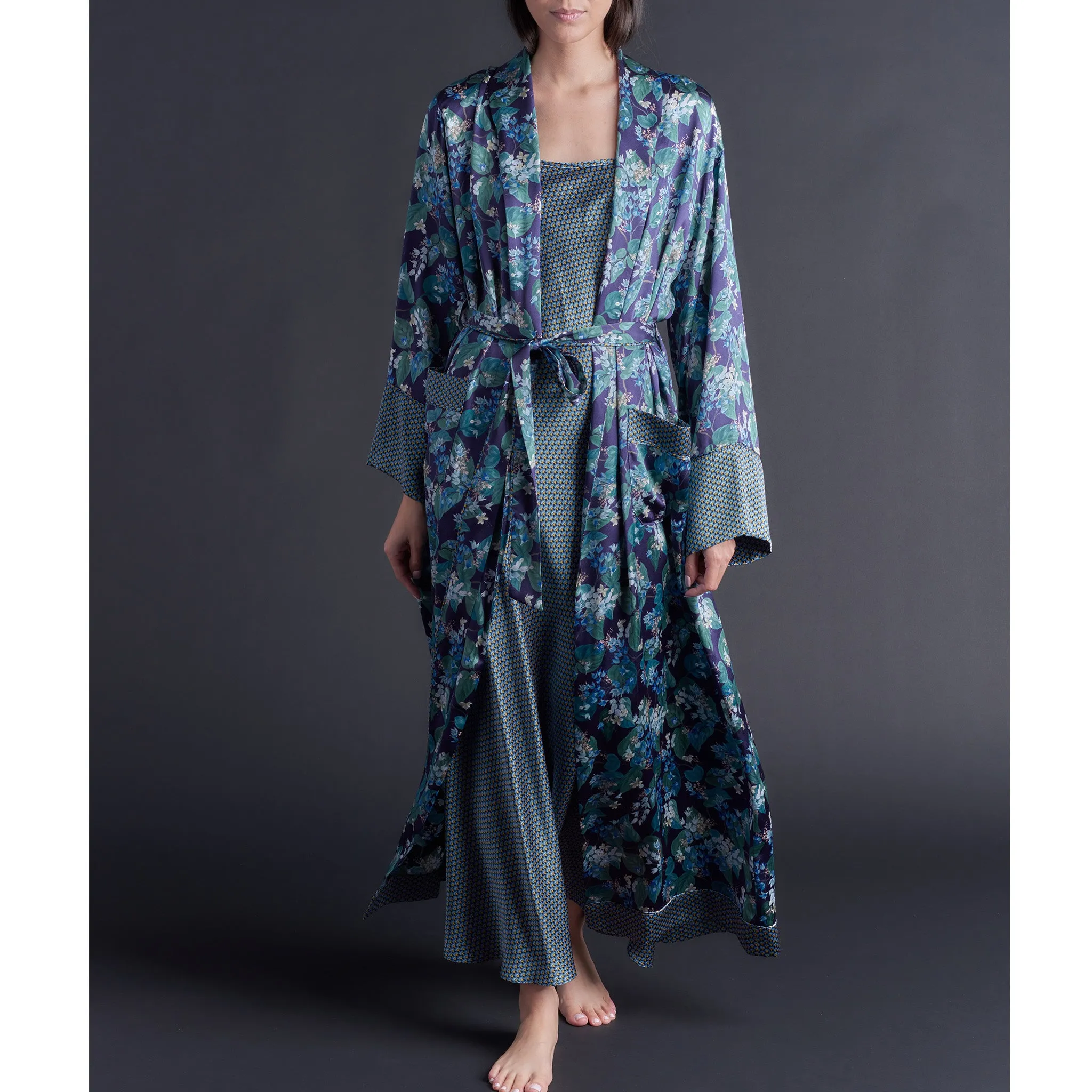 Long Claudette Robe in Osterley Liberty Print Silk Satin