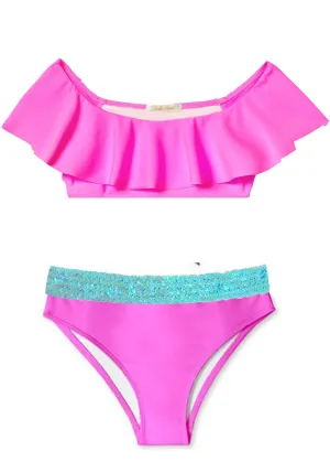 NEON PINK RUFFLE BIKINI WITH AQUA SEQUIN BELT