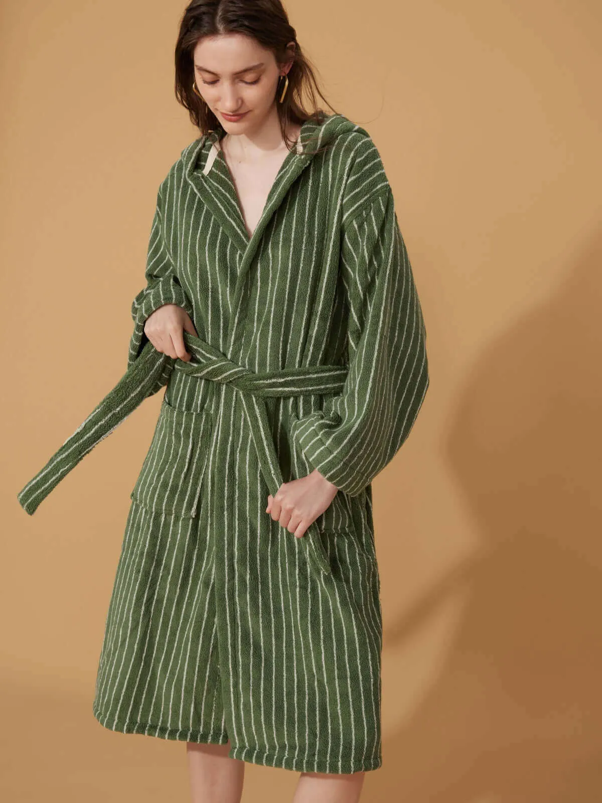 Organic Cotton Striped Bathrobe Green