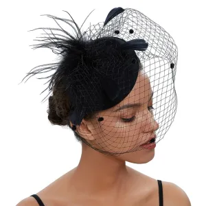 Pillbox Spot Veil and Feather Headband Fascinator - Black