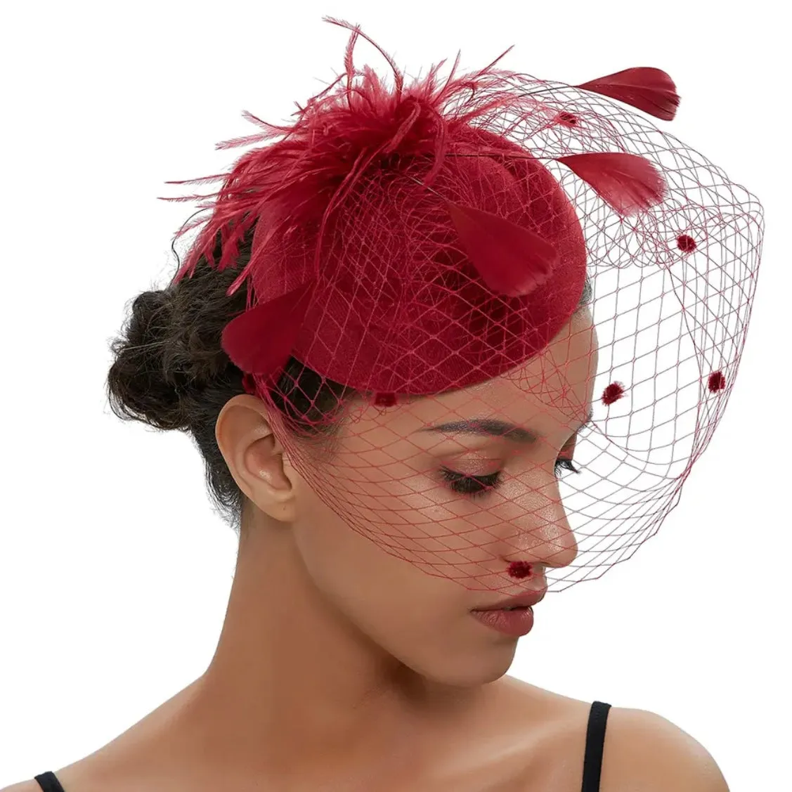 Pillbox Spot Veil and Feather Headband Fascinator - Burgundy