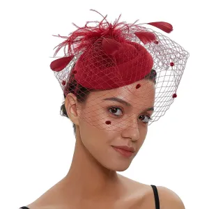 Pillbox Spot Veil and Feather Headband Fascinator - Burgundy